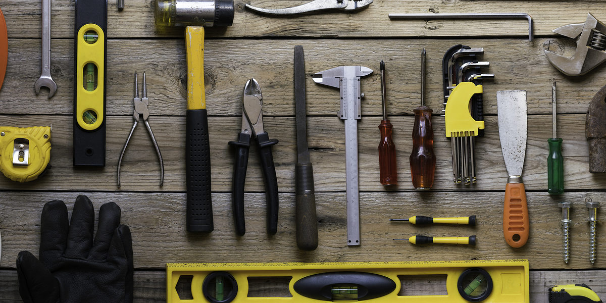 Werkzeug, Helm, Hammer, Schraube, Wasserwaage, Zange