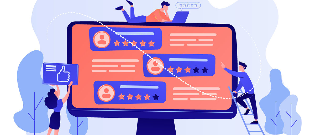 Tiny business people using rating site to vote on people on computer screen, Rating site, professional rank site, content rating page concept. Pink coral blue vector isolated illustration coral, rating, site, professional, rank, content, page, metaphor, concept, illustration, infographic, vector, design, bright, palette, color, gradient, isolated, graphic, flat, background, layout, backdrop, narrative, drawing, story, cartoon, abstract, scene, vivid, trendy, modern, creative, business, review, star, rate, web, five, vote, customer, internet, online, satisfaction, website, user, blue, pink, millennial, reddish