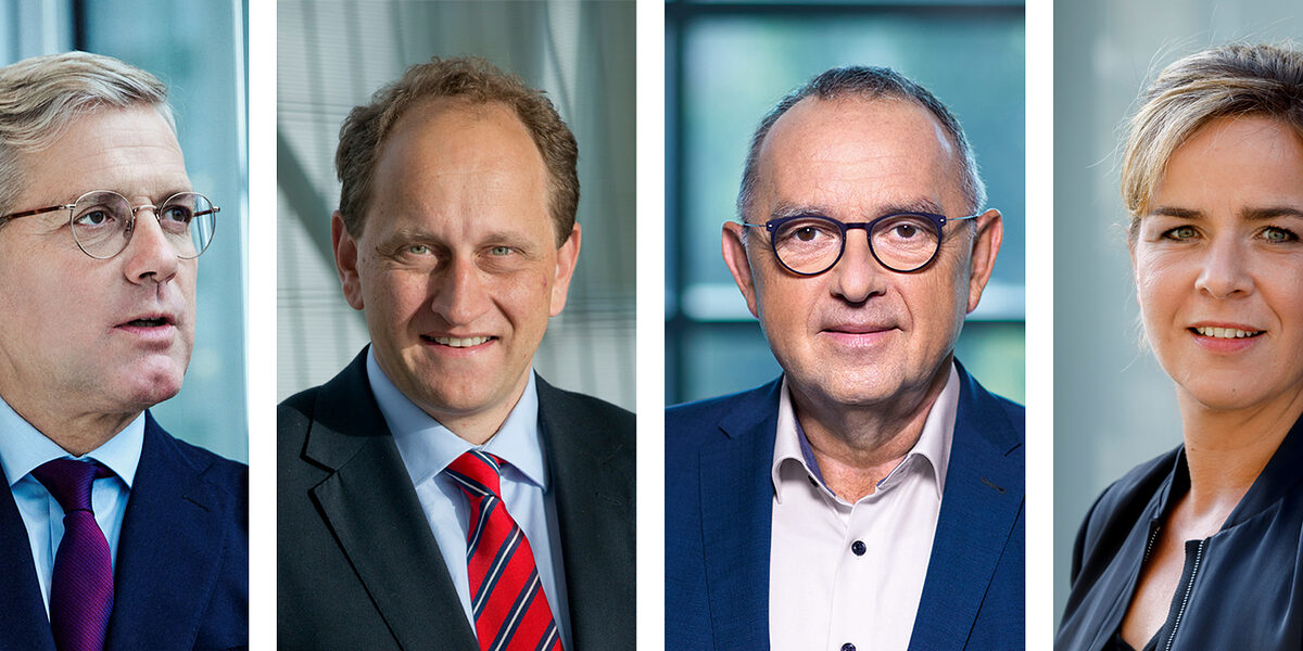 Stellen sich den Fragen des Handwerks: Norbert Röttgen (CDU), Alexander Graf Lambsdorff (FDP), Norbert Walter-Borjans (SPD) und Mona Neubaur (Bündnis 90/Die Grünen).