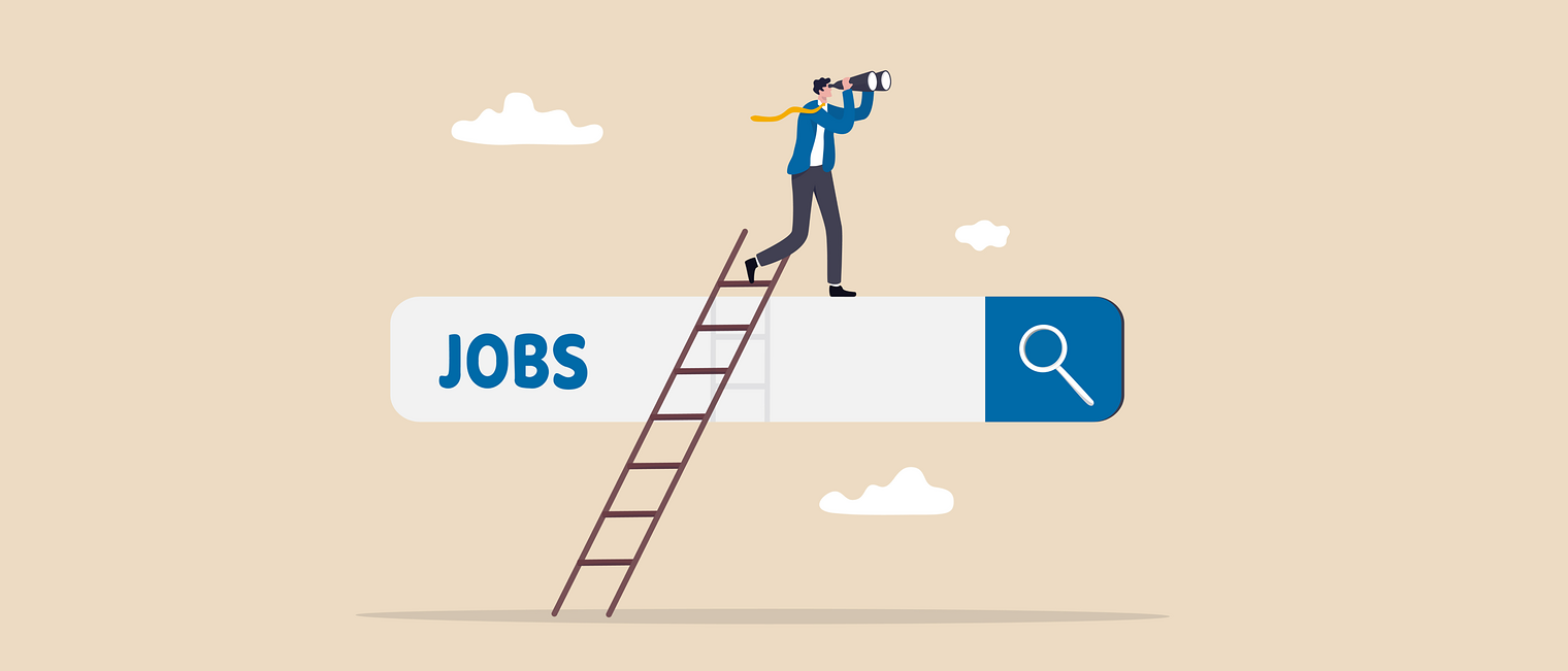 Looking for new job, employment, career or job search, find opportunity, seek for vacancy or work position concept, businessman climb up ladder of job search bar with binoculars to see opportunity.